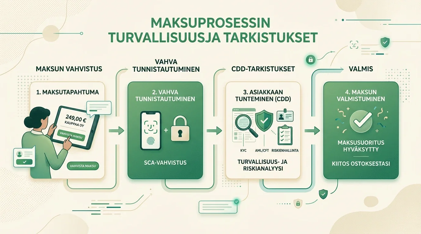 Kaavio maksun, tunnistautumisen ja mahdollisten lisätarkistusten erillisistä vaiheista