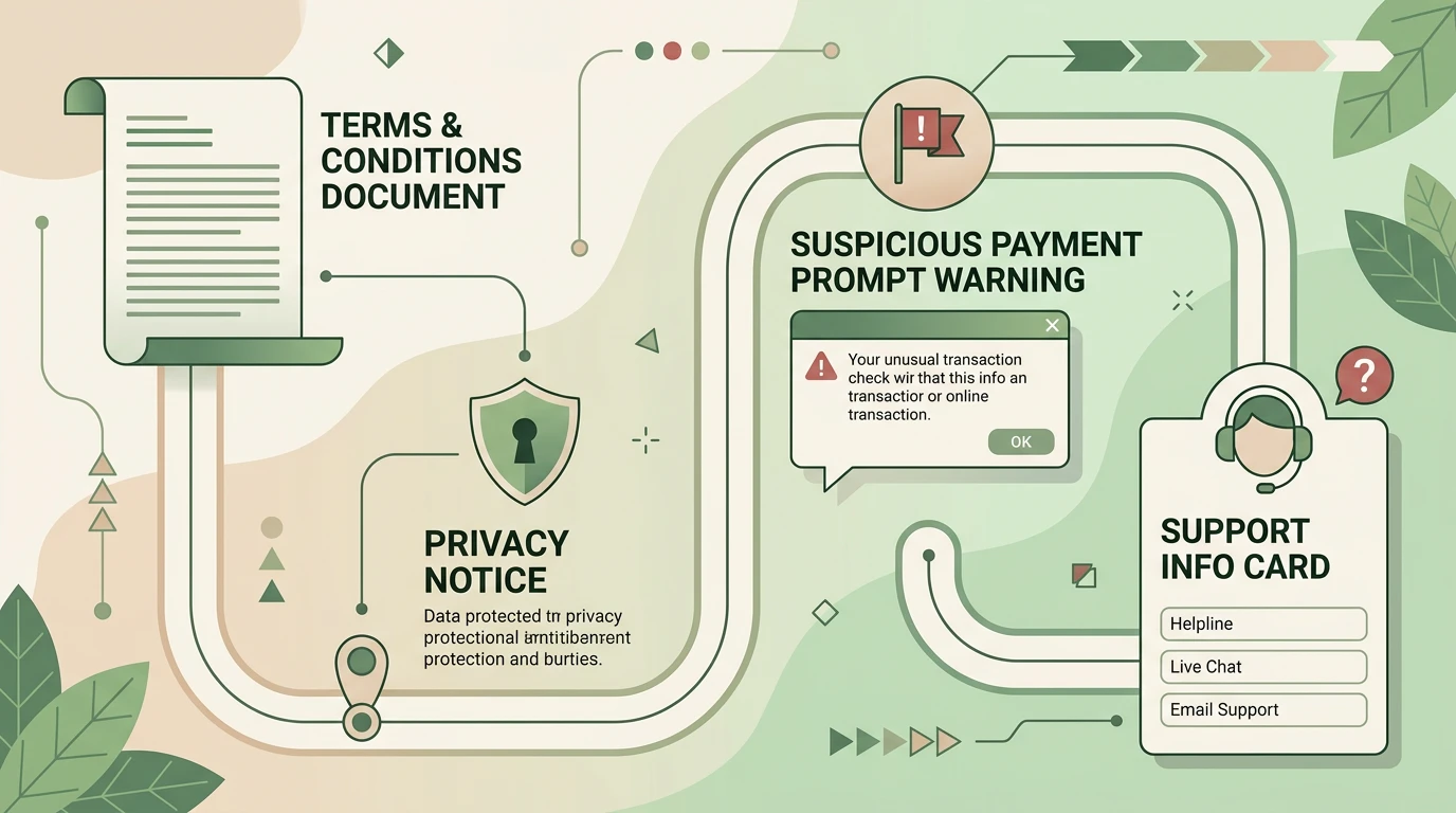 Riskikartta ehdoista, tietosuojasta, maksukehotteista ja avun näkyvyydestä
